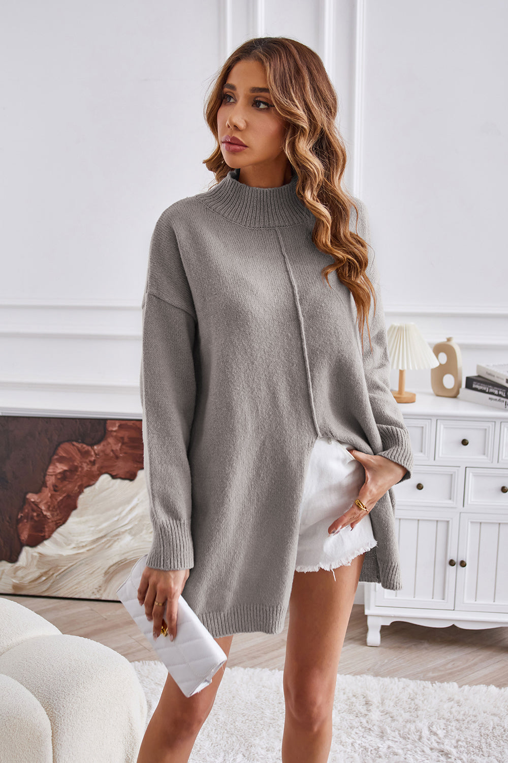 Aura Stylo - Exposed Seam Mock Neck Slit Sweater