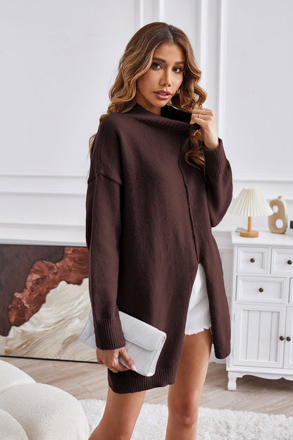 Aura Stylo - Exposed Seam Mock Neck Slit Sweater