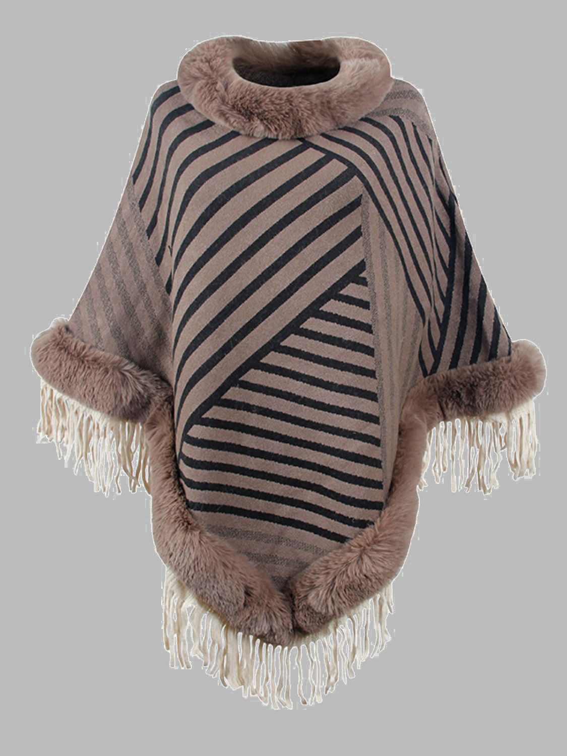 Striped Fringe Hem Poncho Outerwear