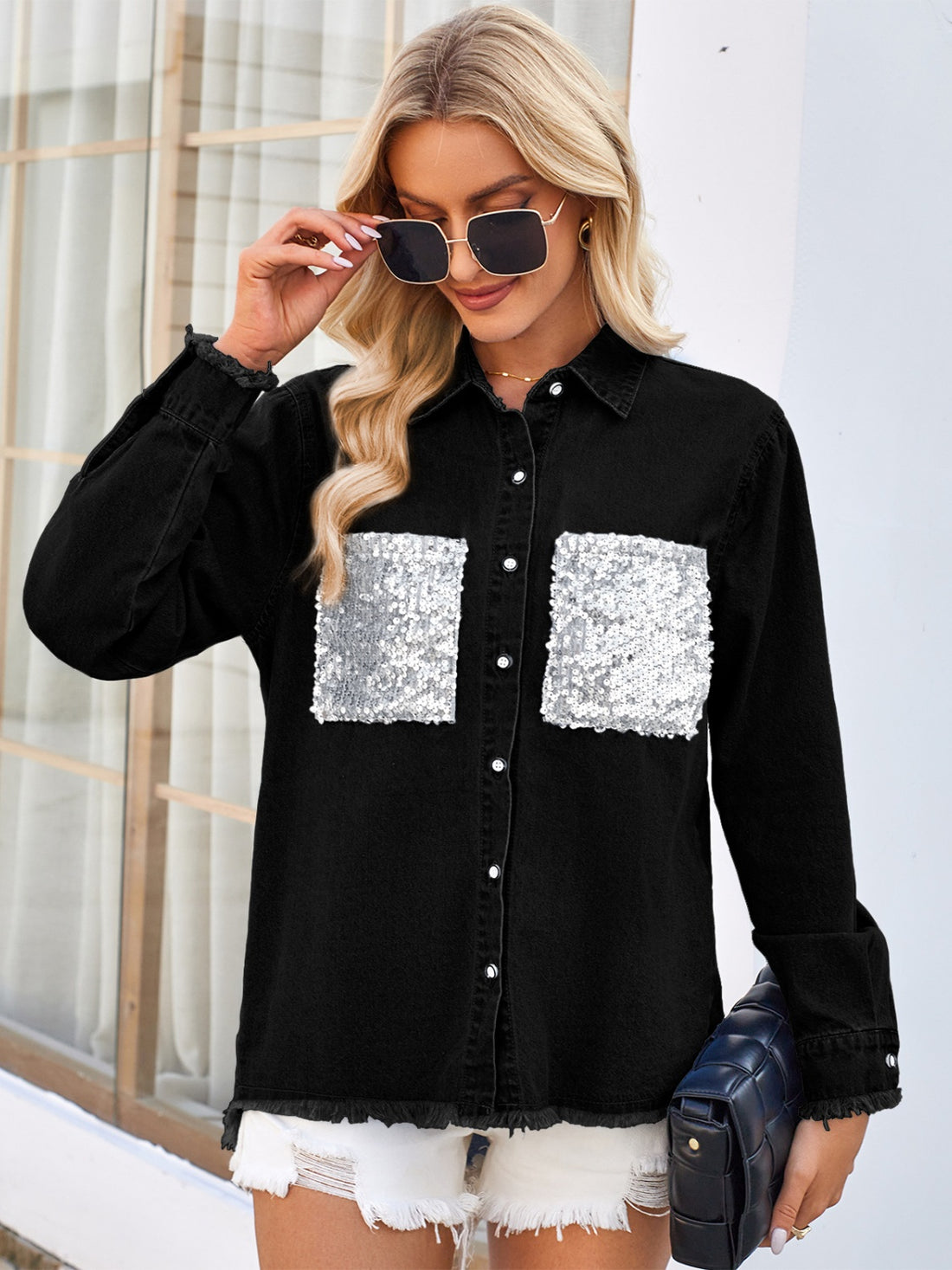 Sequin Pocket Raw Hem Denim Jacket