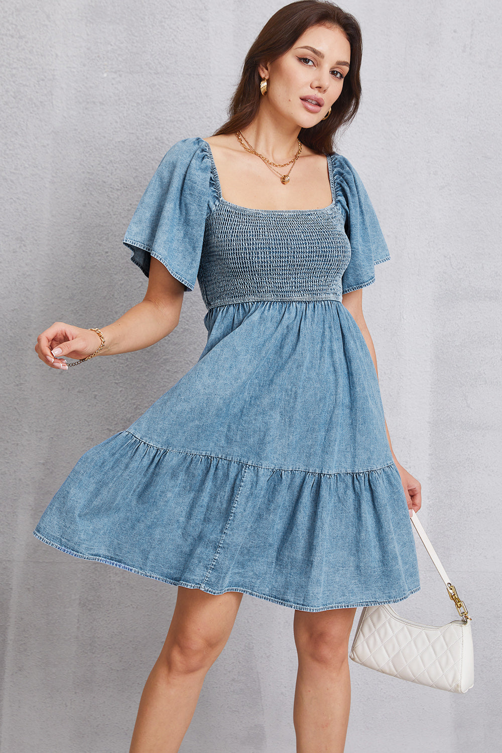 Aura Stylo - Smocked Square Neck Mini Denim Dress