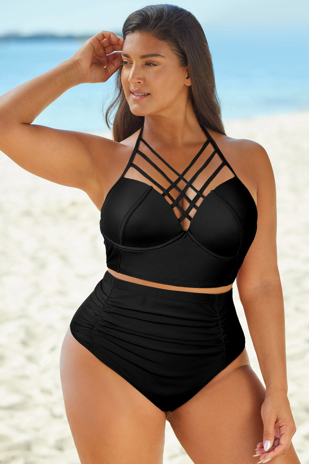 Aura Stylo - Full Size Halter Neck Crisscross Ruched Two-Piece Swimsuit