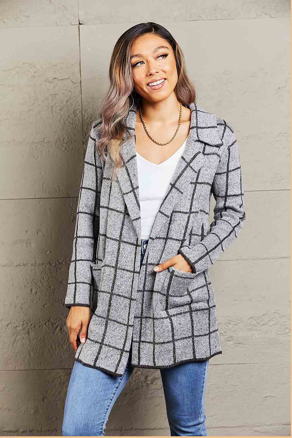 Aura Stylo - Printed Open Front Lapel Collar Cardigan with Pockets