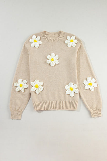  Crochet Flower Round Neck Long Sleeve Sweater