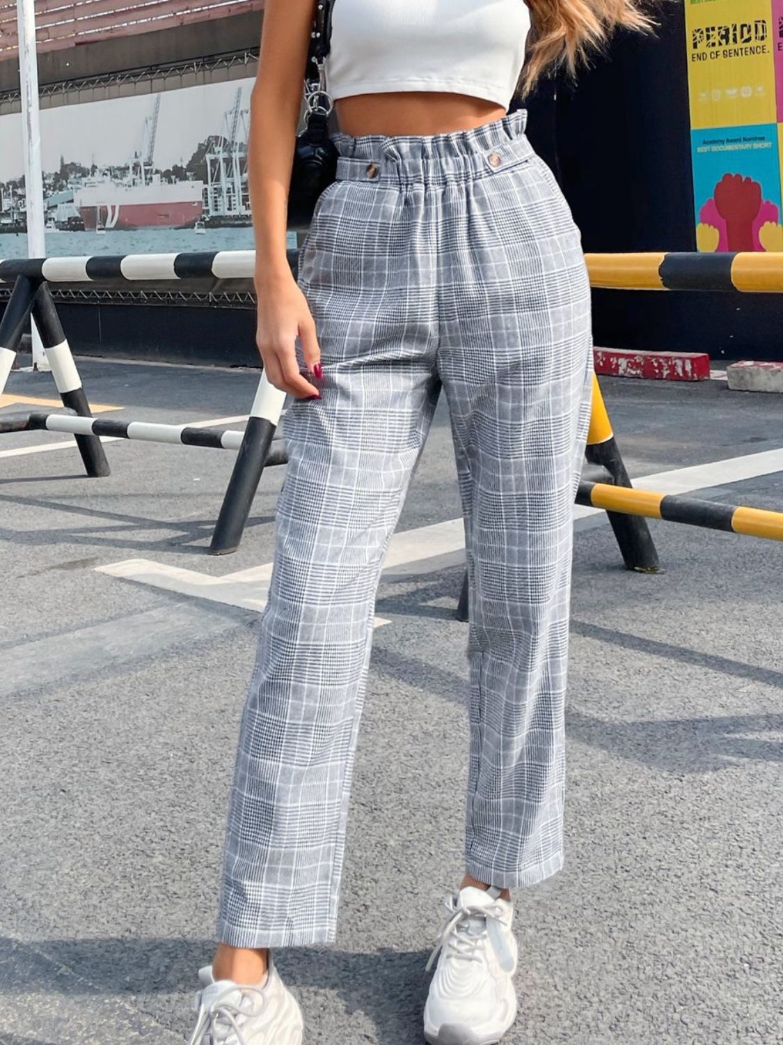 Aura Stylo - Plaid Elastic Waist Straight Pants