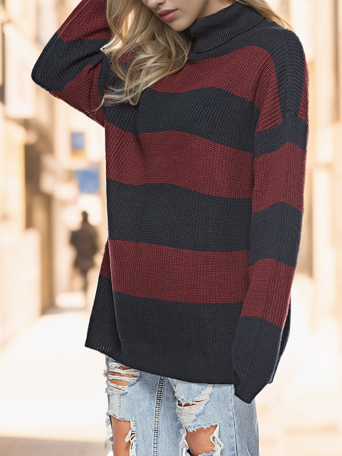 Aura Stylo - Striped Turtleneck Long Sleeve Sweater