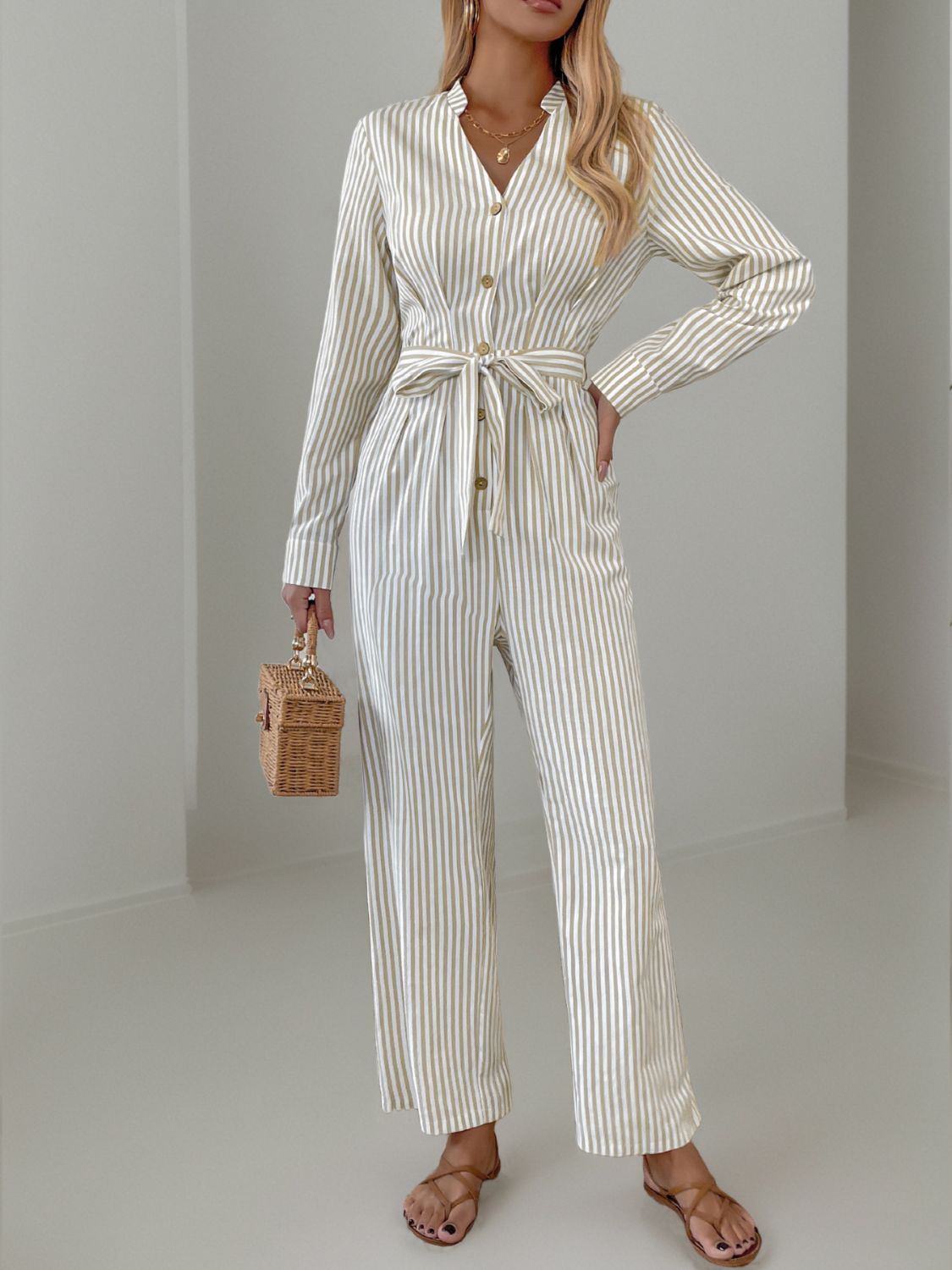 Aura Stylo - Striped Notched Long Sleeve Tie Waist Jumpsuit