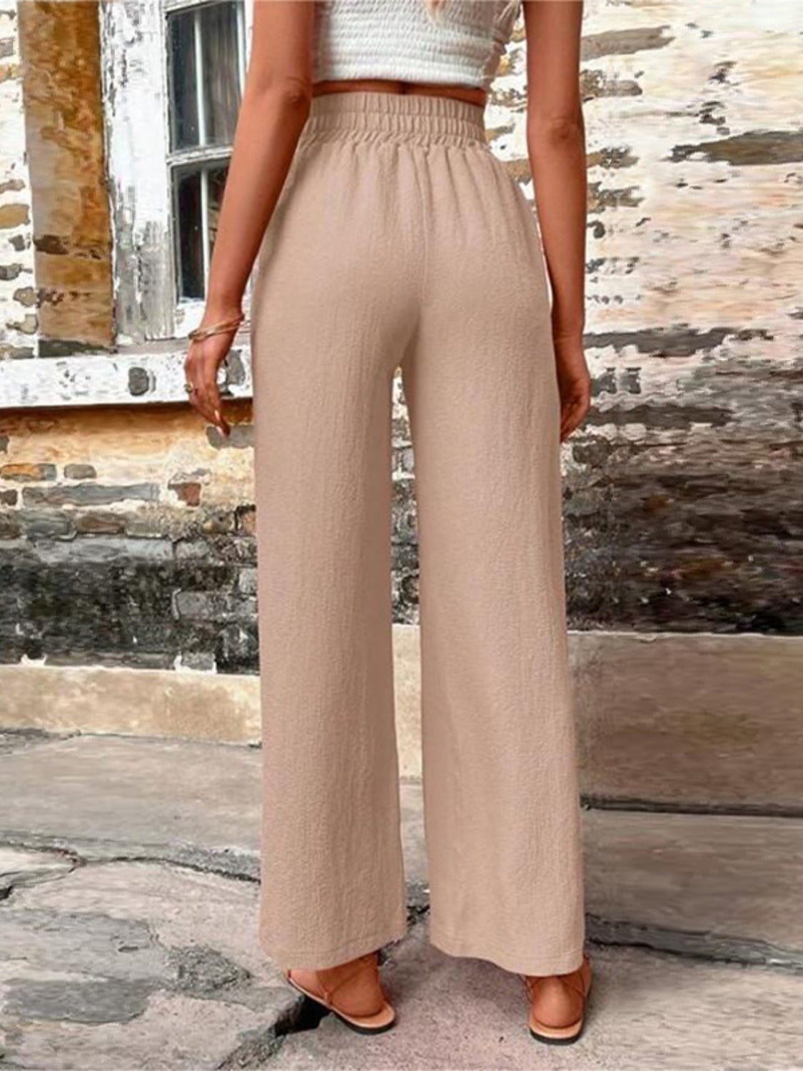 Tied High Waist Wide Leg Pants with Pockets