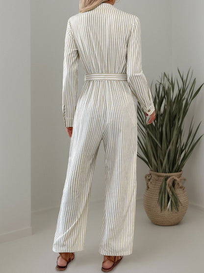 Aura Stylo - Striped Notched Long Sleeve Tie Waist Jumpsuit