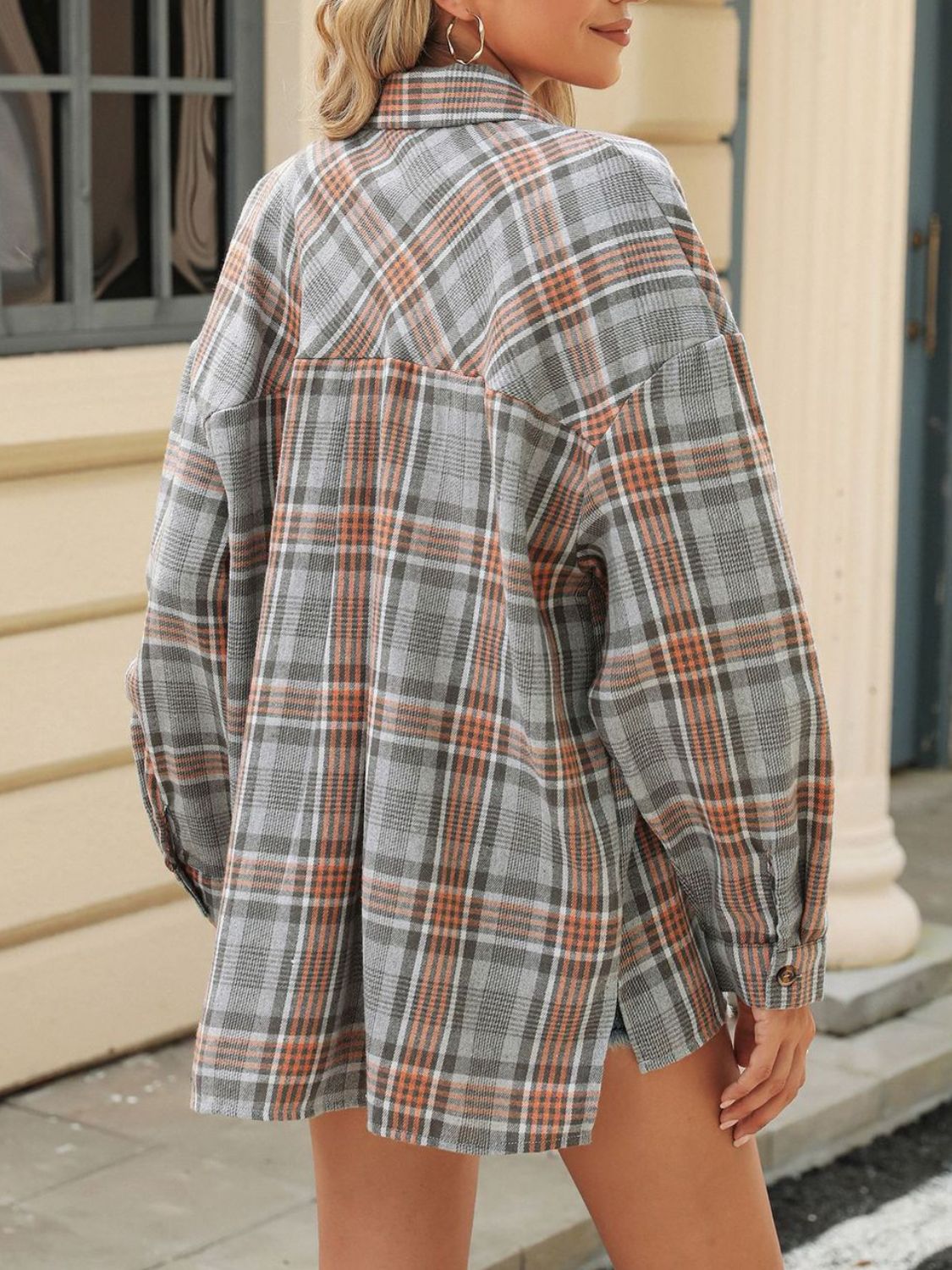 Aura Stylo - Pocketed Plaid Collared Neck Long Sleeve Shirt