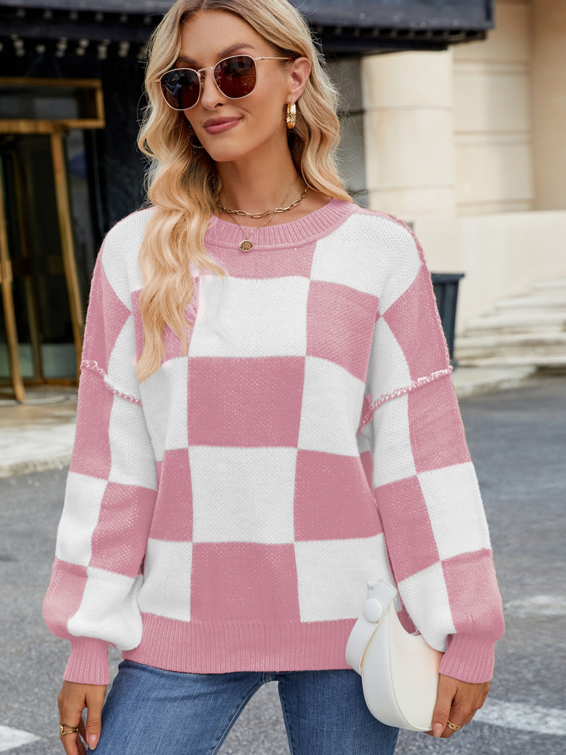  Checkered Round Neck Long Sleeve Sweater