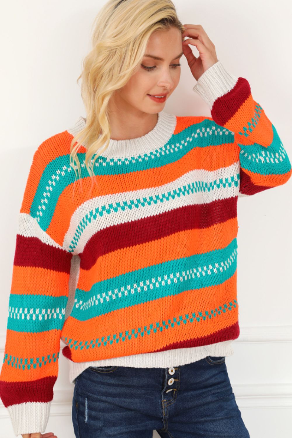 Aura Stylo - Contrast Striped Round Neck Long Sleeve Sweater