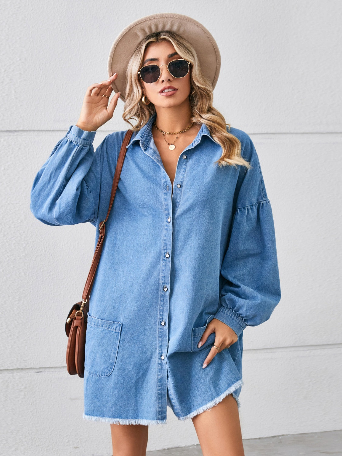 Aura Stylo - Button Up Pocketed Raw Hem Denim Dress