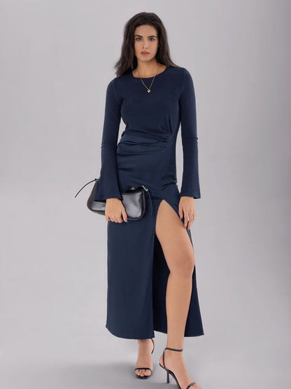 Aura Stylo - Split Round Neck Long Sleeve Midi Dress