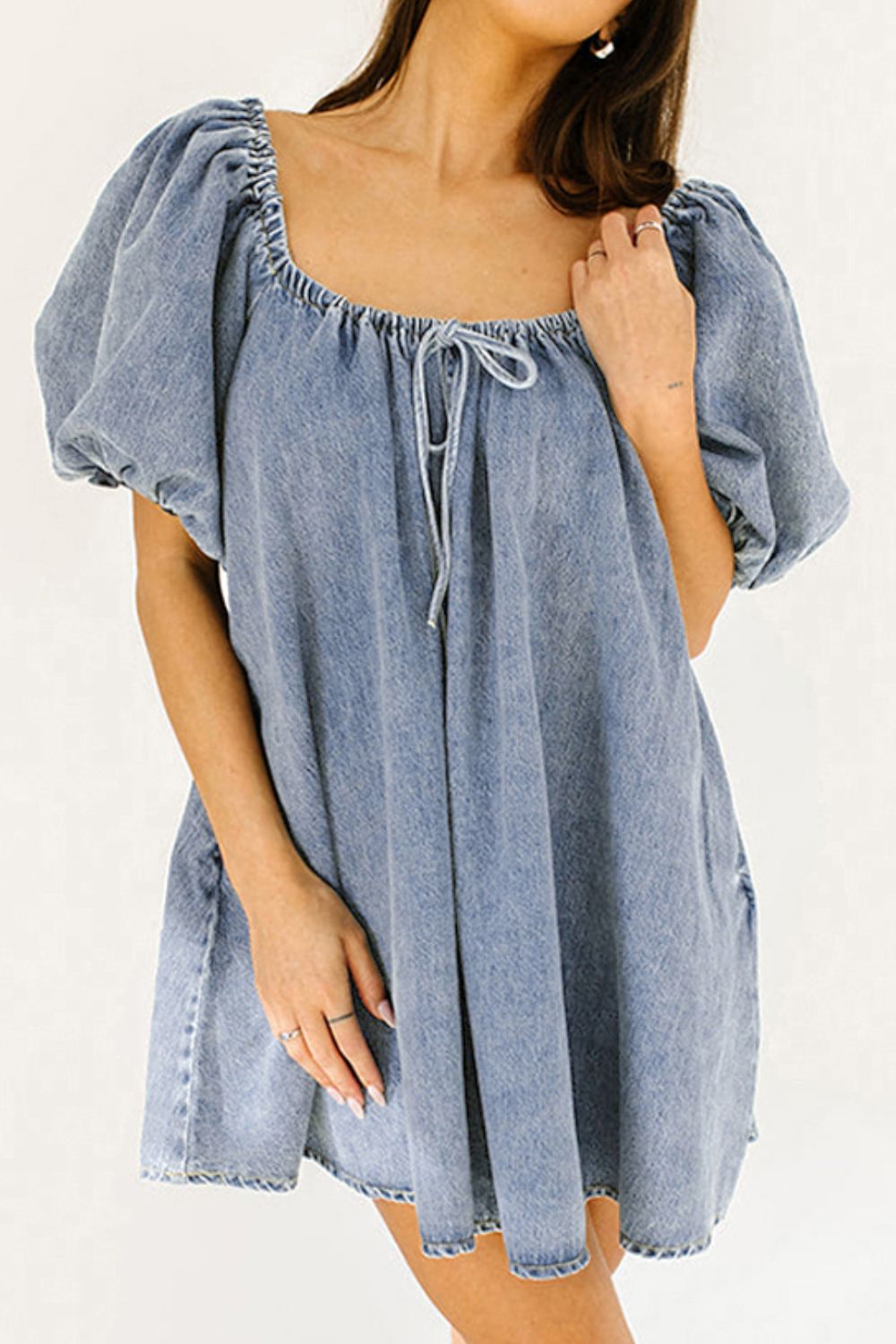 Aura Stylo - Bubble Sleeve Square Neck Denim Babydoll Dress