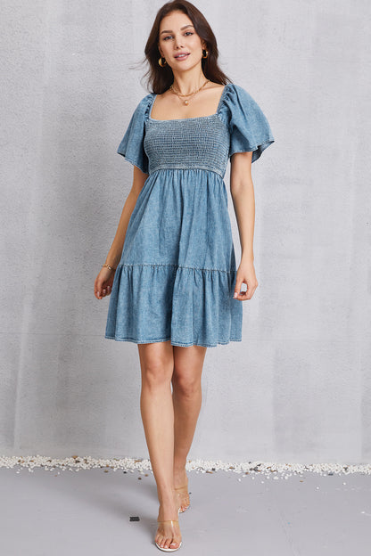 Aura Stylo - Smocked Square Neck Mini Denim Dress