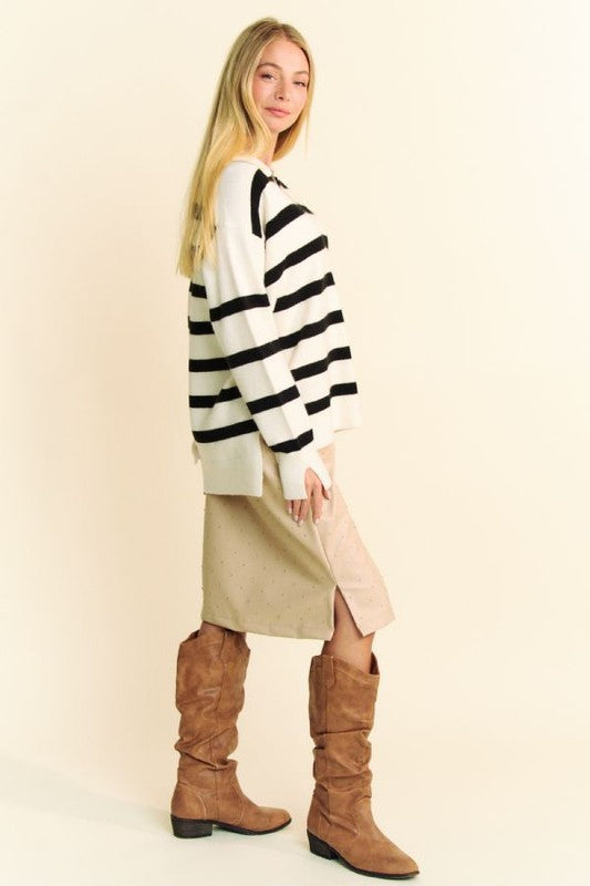 Davi &amp; Dani High-Low Side Slit Striped Johnny Collar Sweater