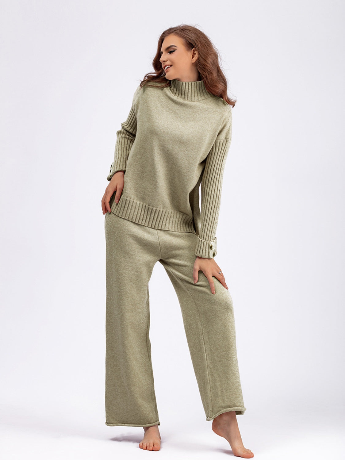 Aura Stylo - Basic Bae High- Low Turtleneck Long Sleeve Top and Pants Sweater Set