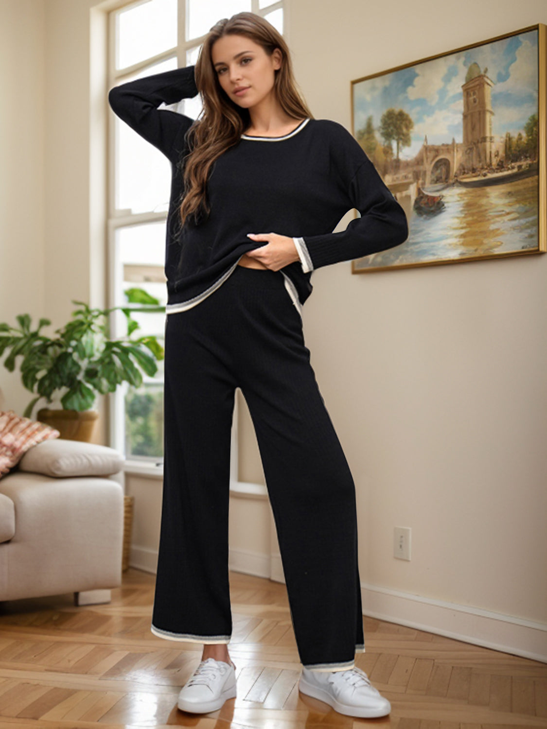 Aura Stylo - Contrast Trim Round Neck Top and Pants Sweater Set