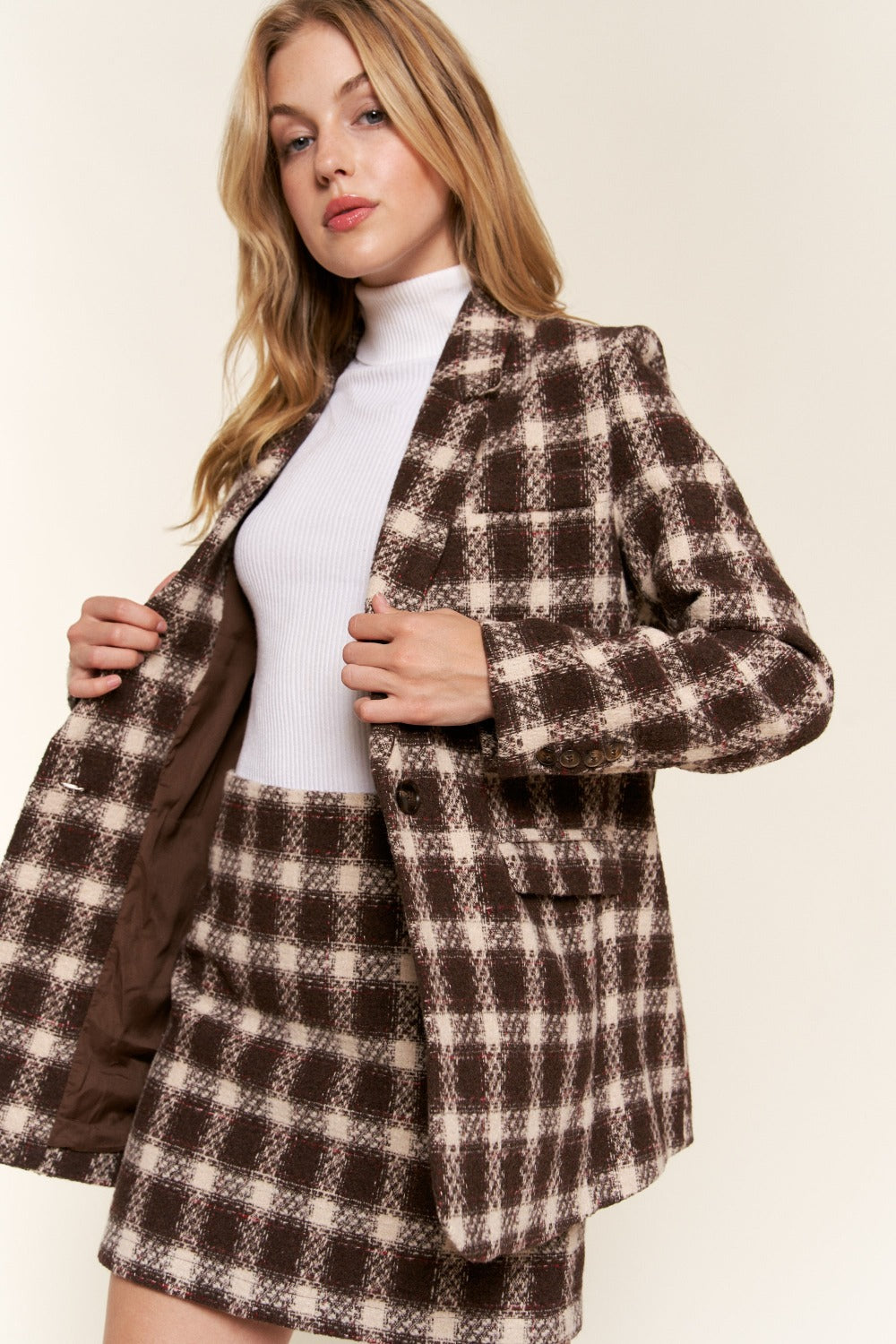 Aura Stylo - And The Why Full Size Plaid Brushed One Button Blazer