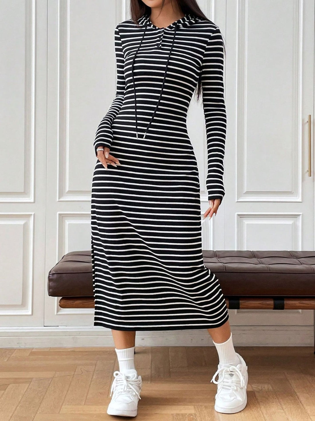 Aura Stylo - Drawstring Striped Long Sleeve Hooded Dress