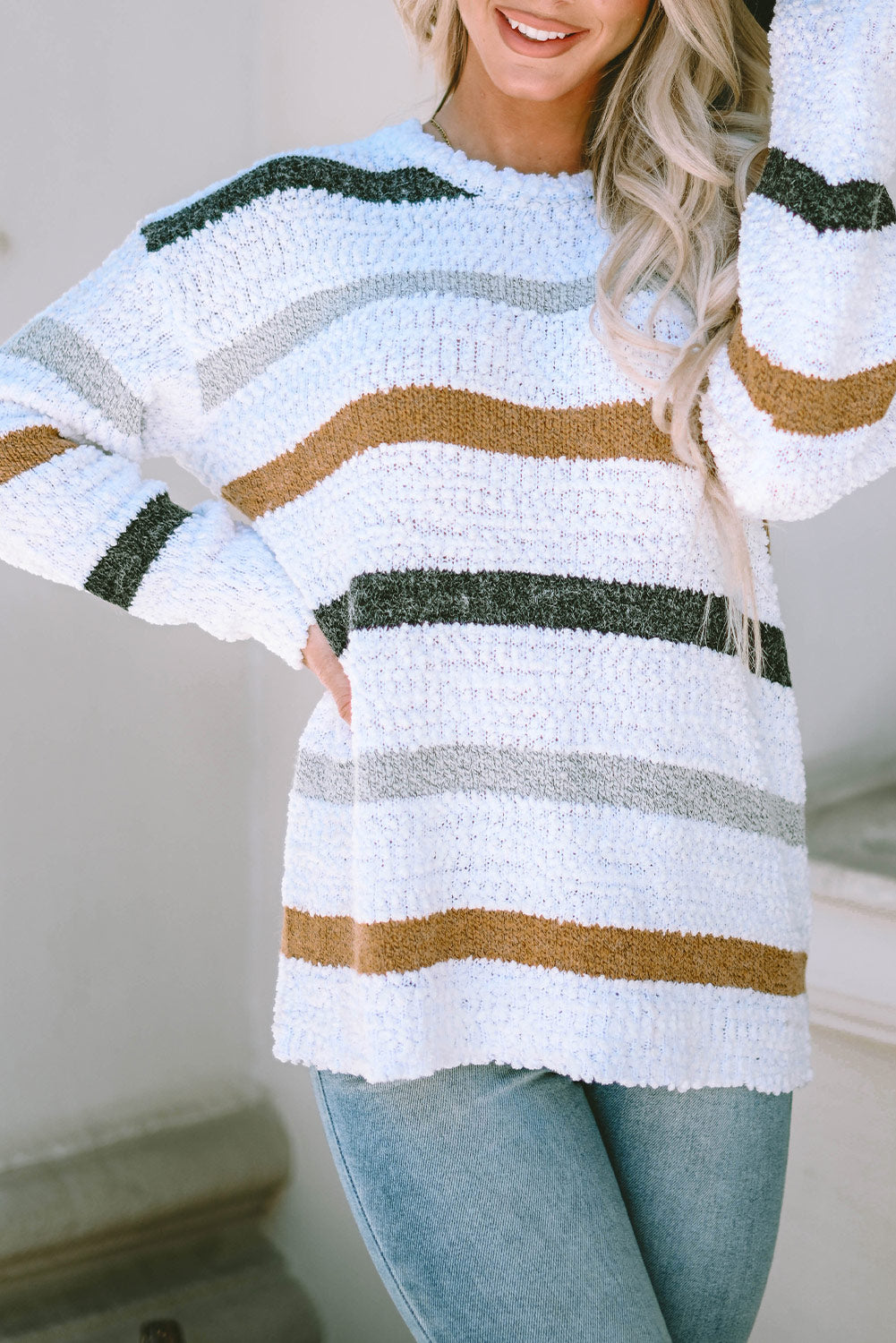 Aura Stylo - Striped Round Neck Dropped Shoulder Sweater