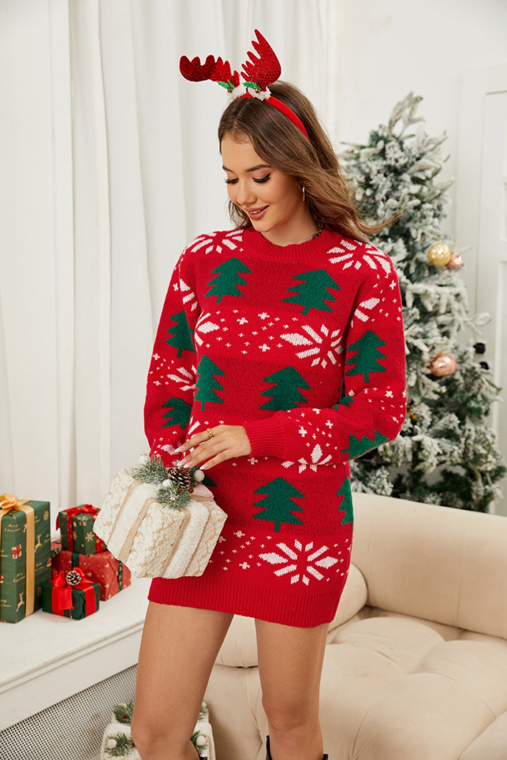 Aura Stylo - Christmas Tree Round Neck Sweater Dress