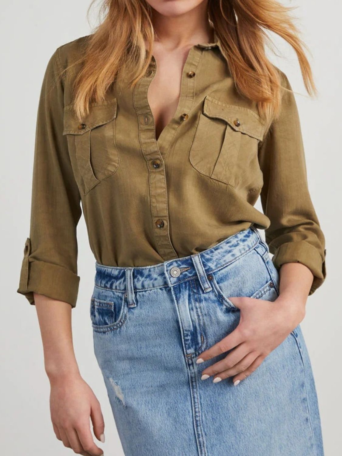 Collared Neck Roll Tab Sleeve Denim Top