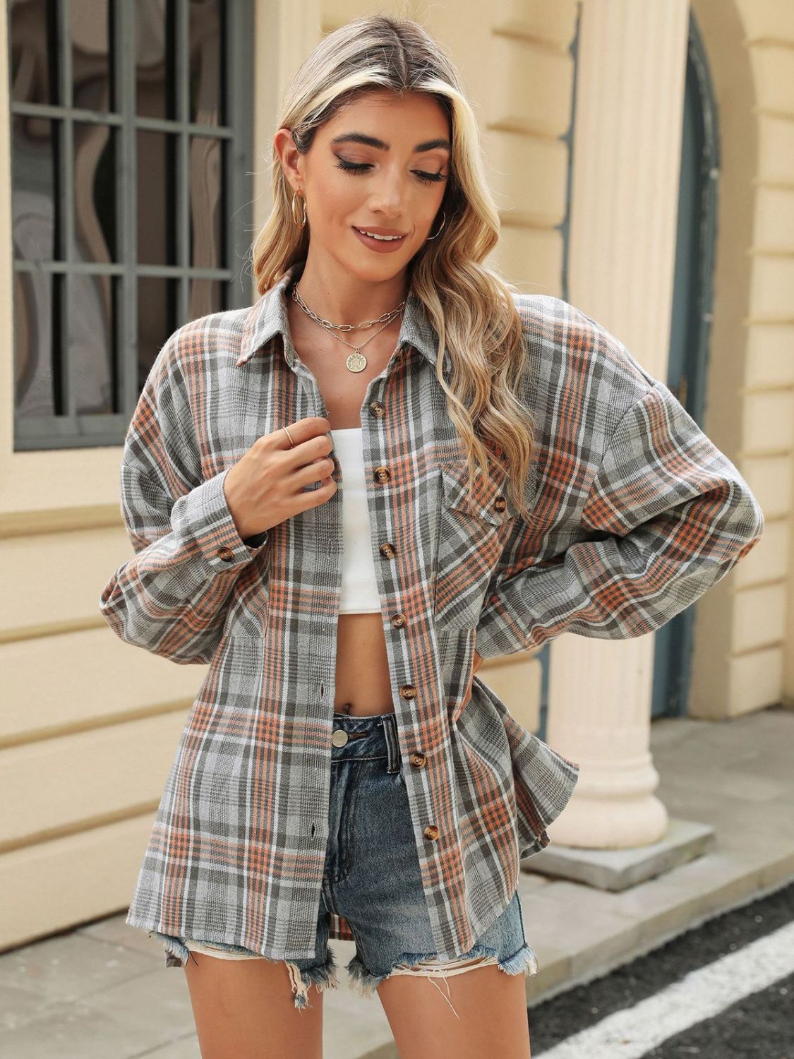 Aura Stylo - Pocketed Plaid Collared Neck Long Sleeve Shirt