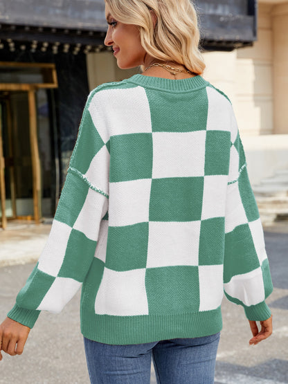  Checkered Round Neck Long Sleeve Sweater