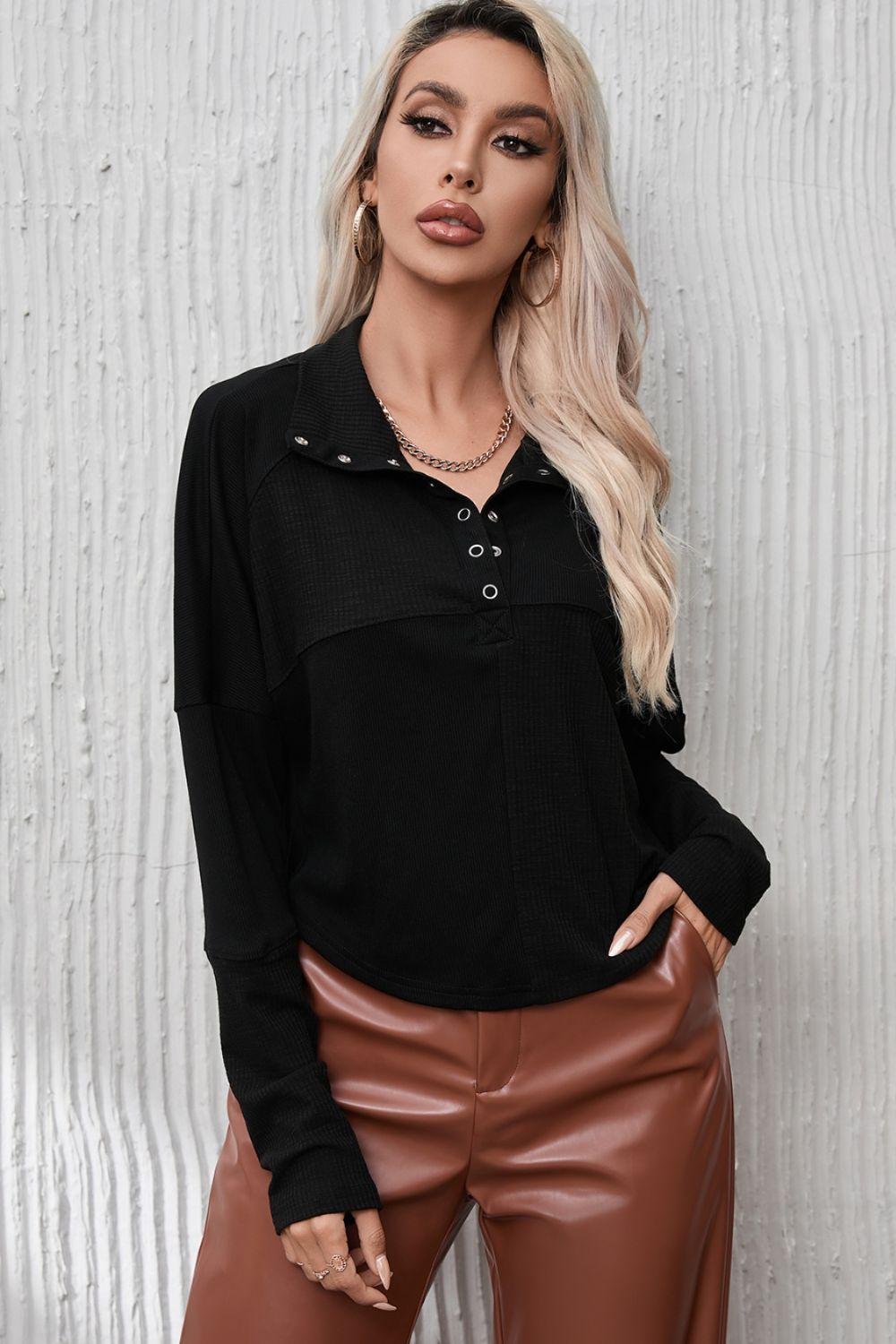 Aura Stylo - Ribbed Knit Henry Collar Loose Fitting Long Sleeve Top