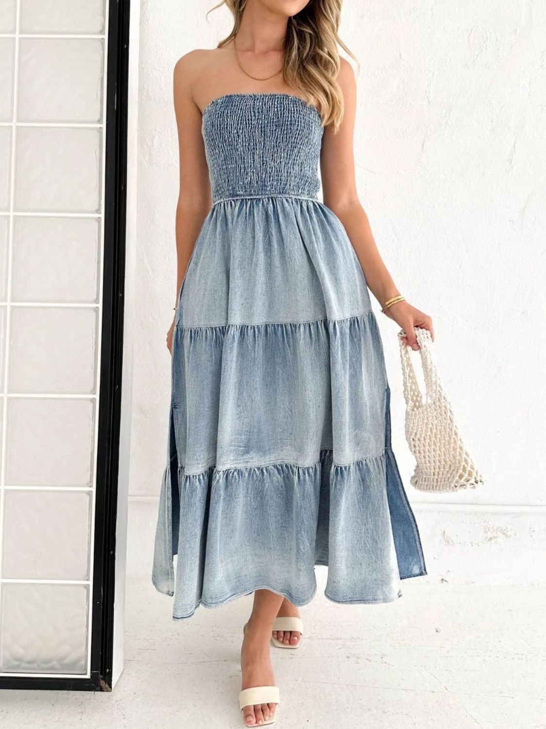 Aura Stylo - Slit Smocked Tube Tiered Denim Dress