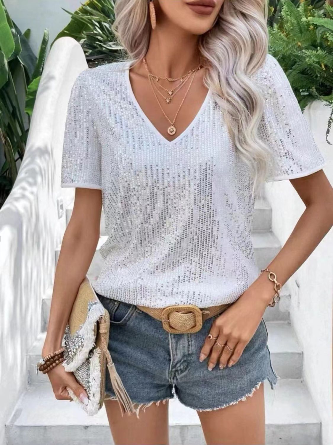 Sequin Round Neck Short Sleeve Top