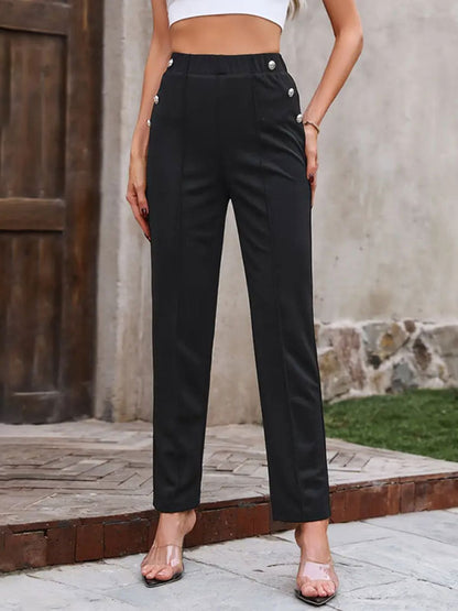 Aura Stylo - Decorative Button Elastic Waist Pants