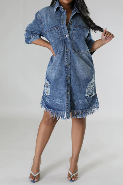 Aura Stylo - Distressed Raw Hem Button Up Denim Dress