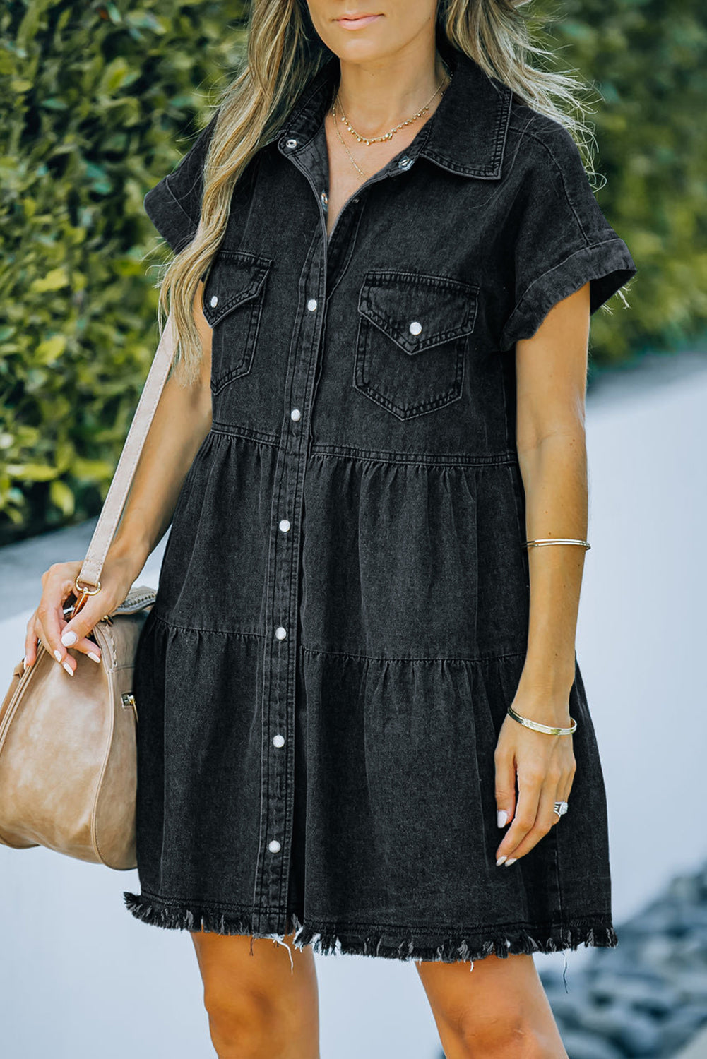 Aura Stylo - Button Front Raw Hem Denim Dress