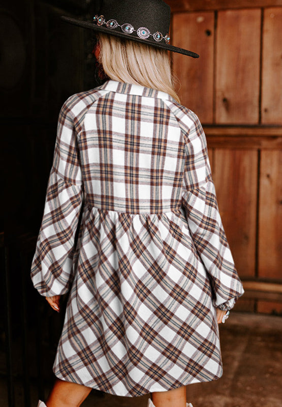 Aura Stylo - Full Size Plaid Collared Neck Balloon Sleeve Mini Shirt Dress