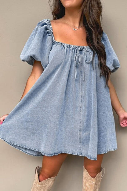 Aura Stylo - Bubble Sleeve Square Neck Denim Babydoll Dress