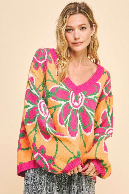 Davi &amp; Dani Floral Contrast V-Neck Dropped Shoulder Sweater