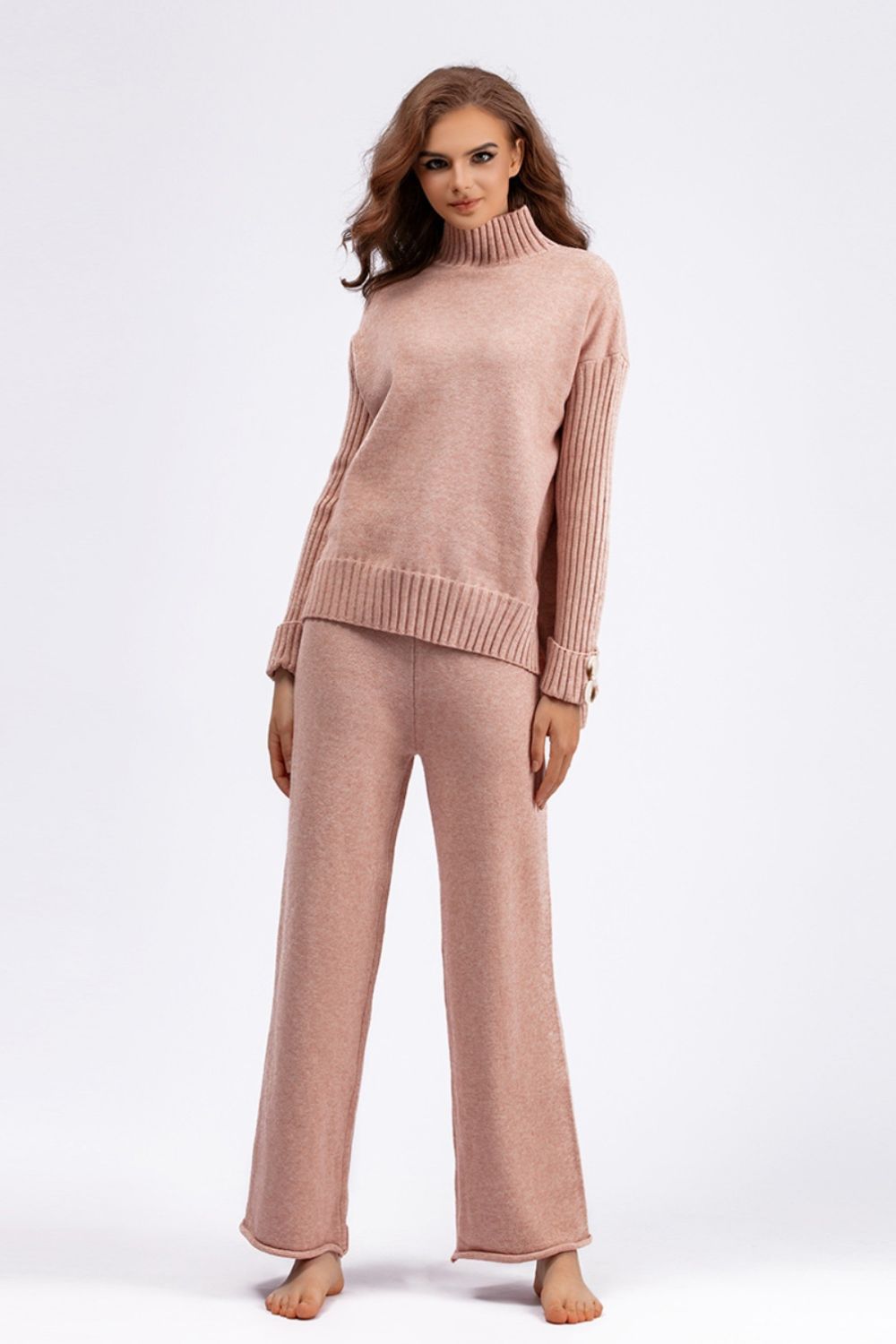 Aura Stylo - Basic Bae High- Low Turtleneck Long Sleeve Top and Pants Sweater Set