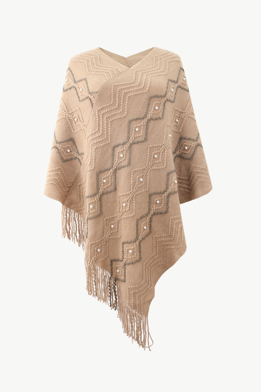 Pearl Trim V Neck Fringe Hem Poncho