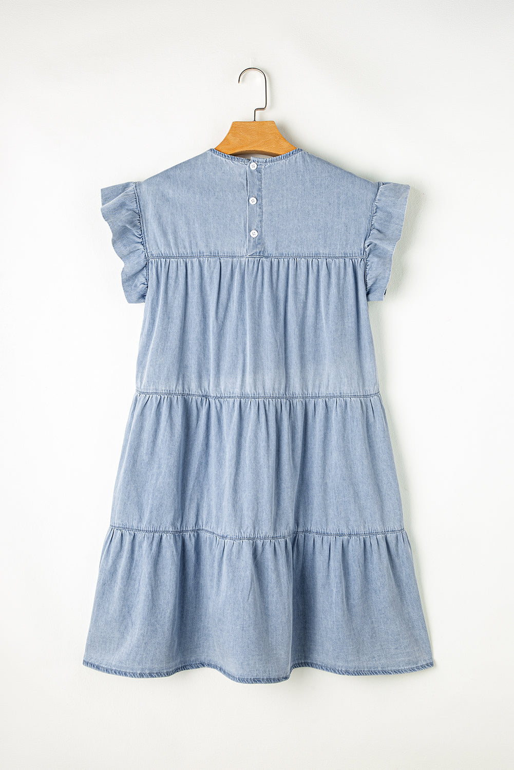 Aura Stylo - Ruffled Round Neck Cap Sleeve Denim Dress