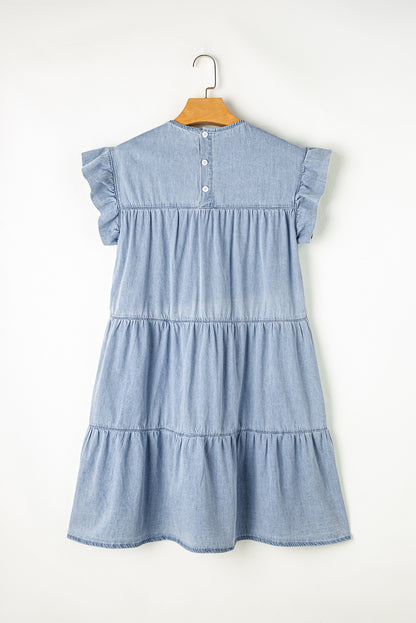 Aura Stylo - Ruffled Round Neck Cap Sleeve Denim Dress