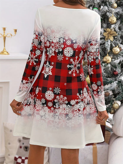 Aura Stylo - Snowflakes Plaid Round Neck Long Sleeve Dress