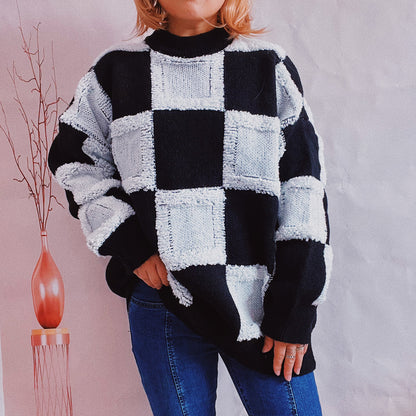 Aura Stylo - Checkered Round Neck Long Sleeve Sweater