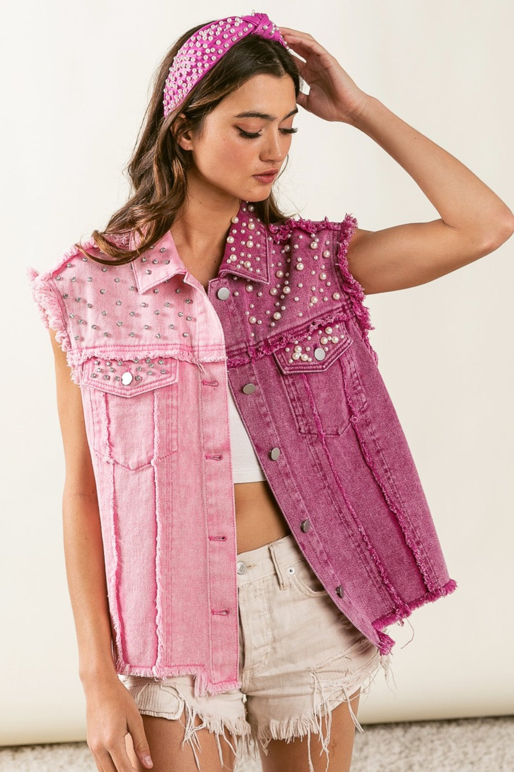 BiBi Pearl &amp; Rhinestone  Decor Contrast Raw Hem Vest Coat