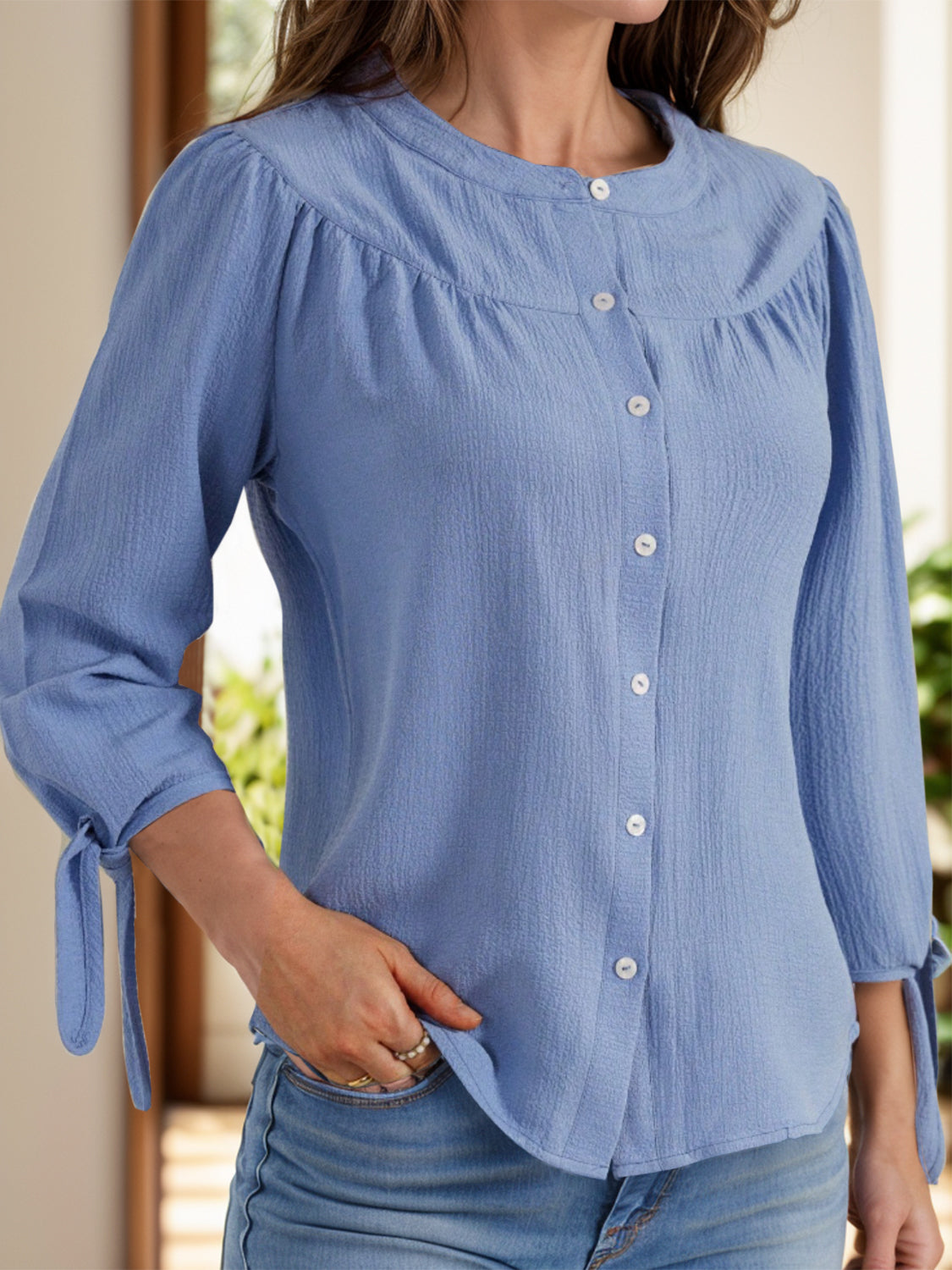 Aura Stylo - Tied Round Neck Three-Quarter Sleeve Shirt