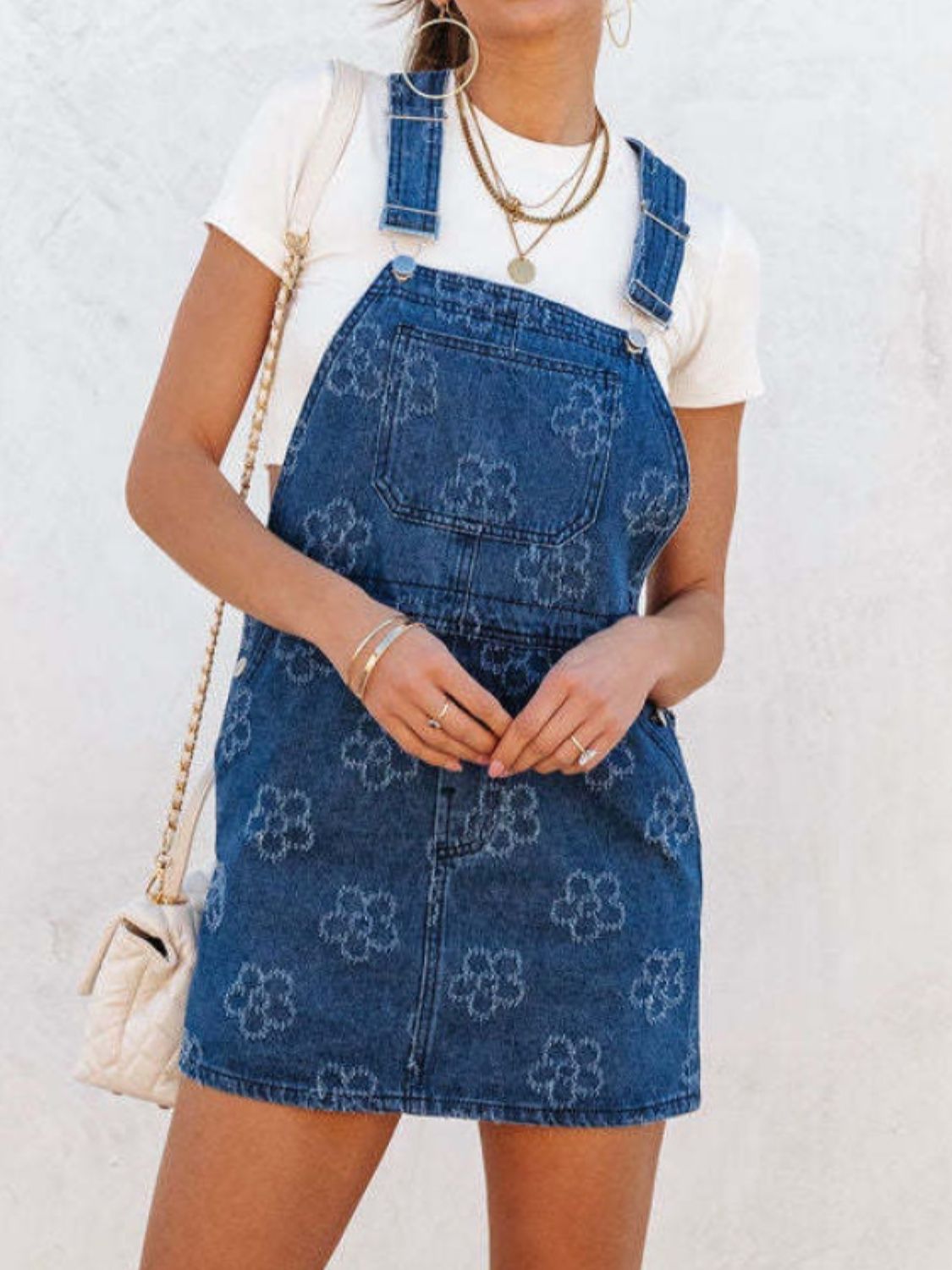 Aura Stylo - Flower Wide Strap Denim Overall Dress with Pockets