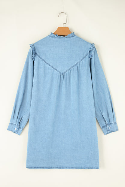 Aura Stylo - Button Up Notched Long Sleeve Denim Dress