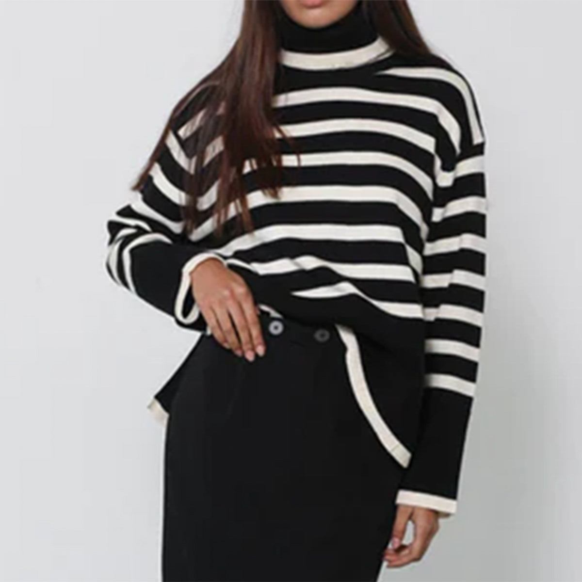 Aura Stylo - Striped Turtleneck Flare Sleeve Sweater